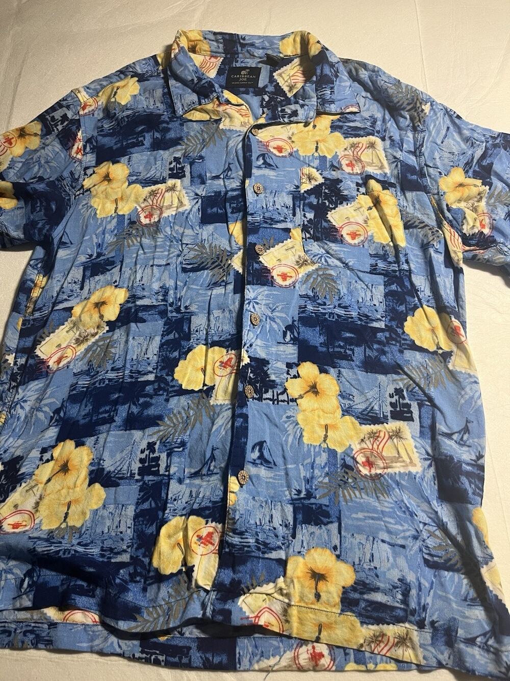 Caribbean Joe Men’s L Blue Hawaiian Shirt Hibiscus Tropical Rayon Camp Aloha